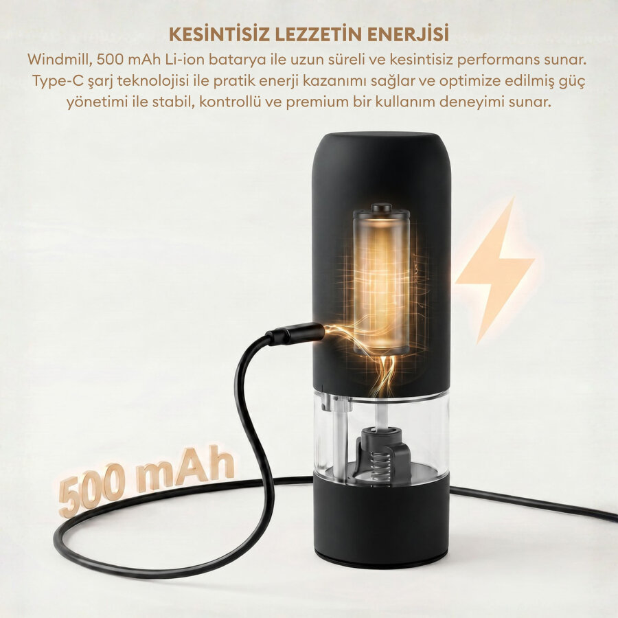 Pizen Windmill Şarjlı Otomatik Baharat Öğütücü LED Işıklı Tuz Karabiber Değirmeni Elektrikli Baharat Değirmeni Siyah - 3