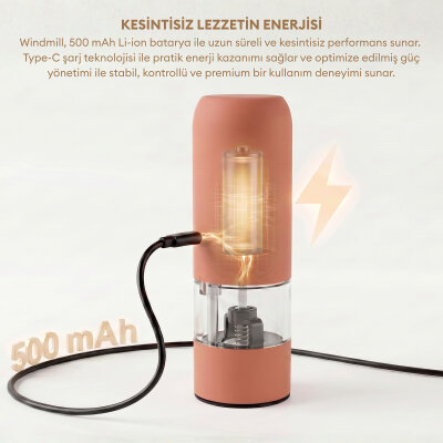 Pizen Windmill Şarjlı Otomatik Baharat Öğütücü LED Işıklı Tuz Karabiber Değirmeni Elektrikli Baharat Değirmeni Turuncu - 3