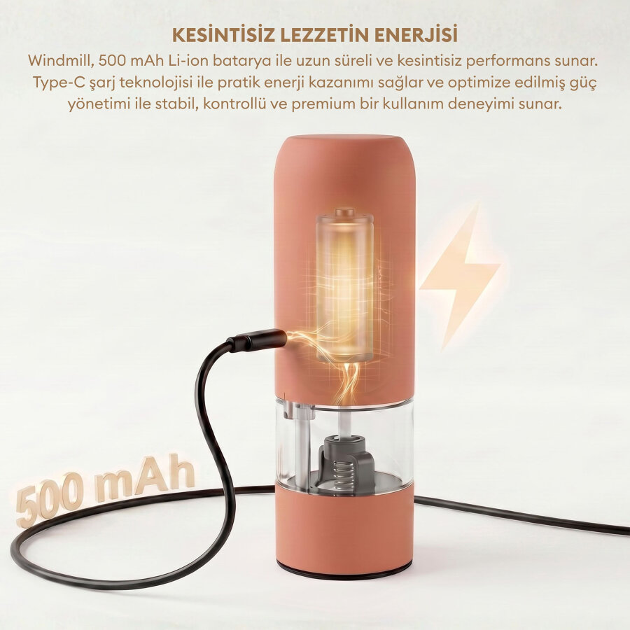 Pizen Windmill Şarjlı Otomatik Baharat Öğütücü LED Işıklı Tuz Karabiber Değirmeni Elektrikli Baharat Değirmeni Turuncu - 3