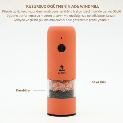 Pizen Windmill Şarjlı Otomatik Baharat Öğütücü LED Işıklı Tuz Karabiber Değirmeni Elektrikli Baharat Değirmeni Turuncu - 7