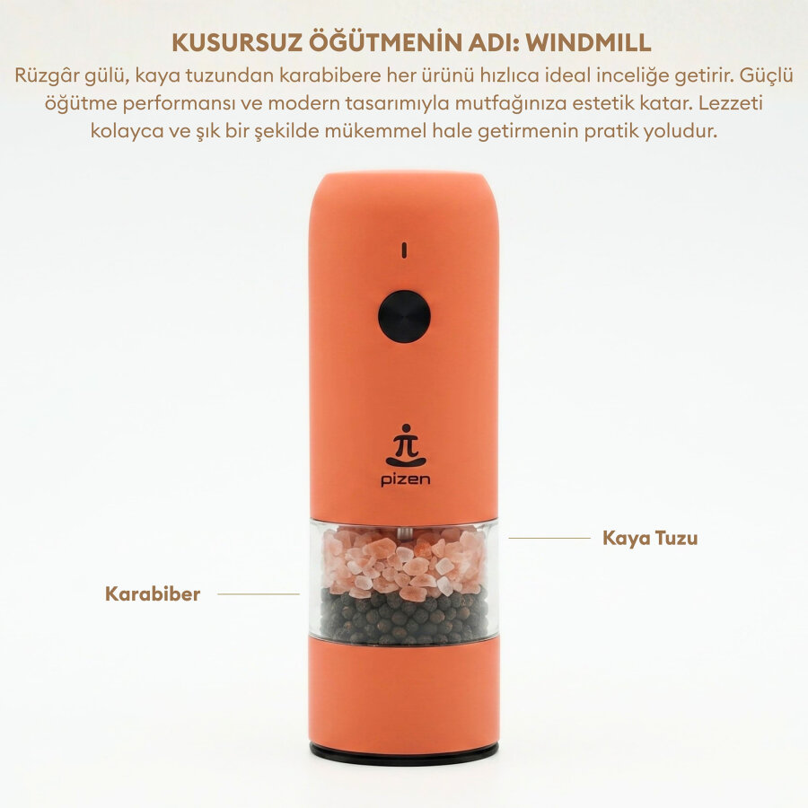 Pizen Windmill Şarjlı Otomatik Baharat Öğütücü LED Işıklı Tuz Karabiber Değirmeni Elektrikli Baharat Değirmeni Turuncu - 7