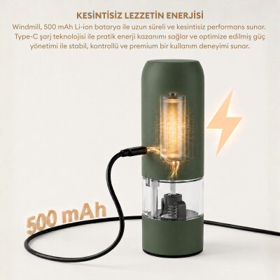 Pizen Windmill Şarjlı Otomatik Baharat Öğütücü LED Işıklı Tuz Karabiber Değirmeni Elektrikli Baharat Değirmeni Yeşil - 3
