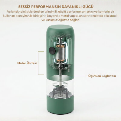 Pizen Windmill Şarjlı Otomatik Baharat Öğütücü LED Işıklı Tuz Karabiber Değirmeni Elektrikli Baharat Değirmeni Yeşil - 4