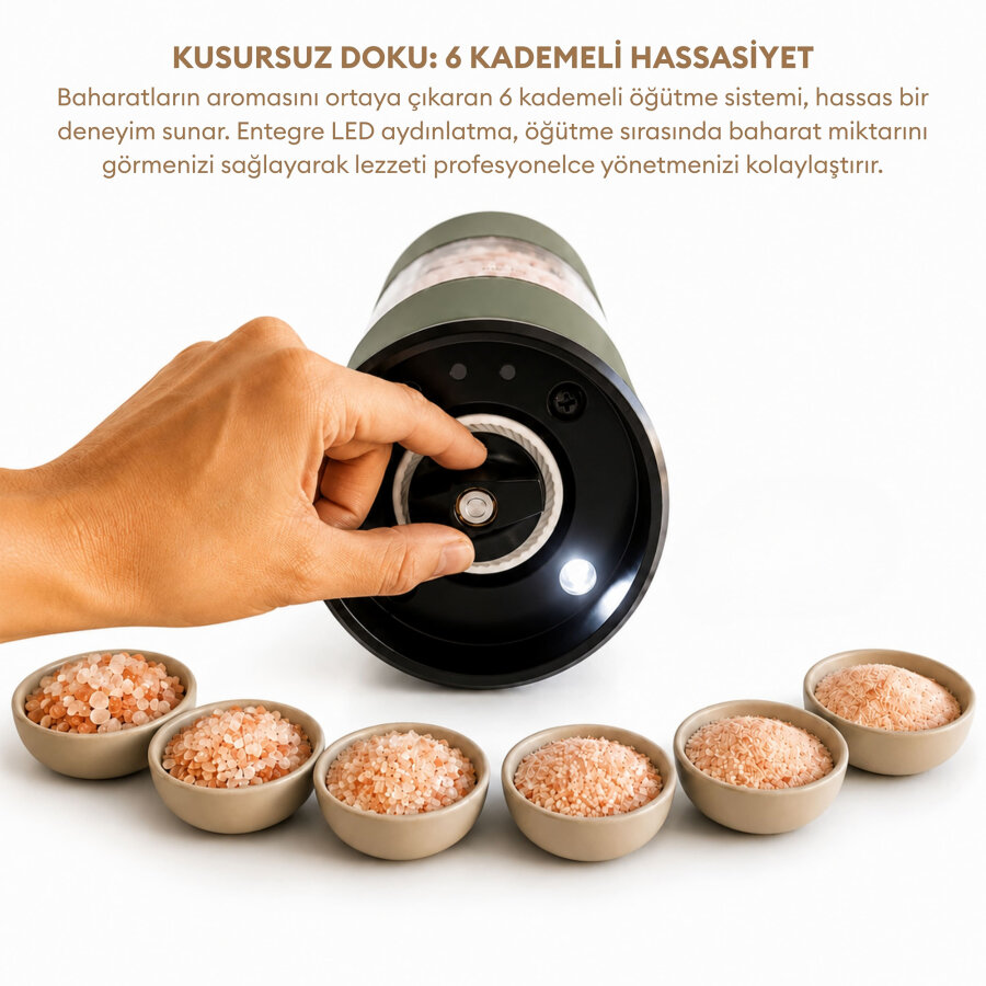 Pizen Windmill Şarjlı Otomatik Baharat Öğütücü LED Işıklı Tuz Karabiber Değirmeni Elektrikli Baharat Değirmeni Yeşil - 6