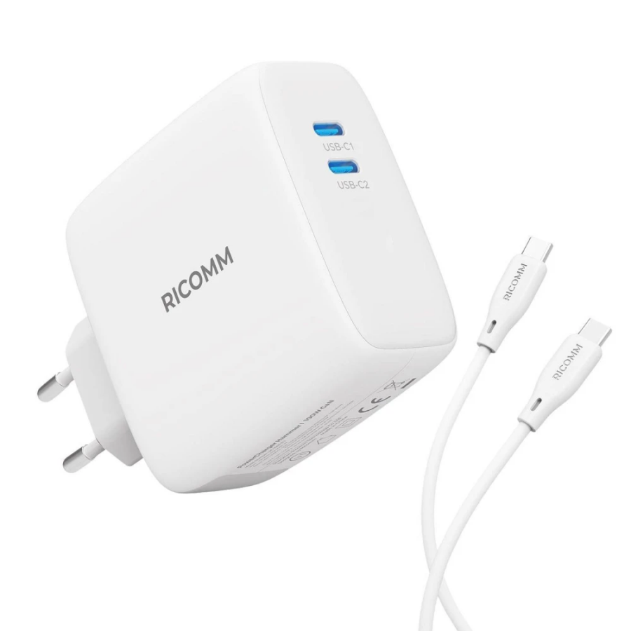 Ricomm 100W GaN 2 Portlu USB-C Şarj Aleti QC5.0 PD Type-C Hızlı Şarj Cihazı + 100W Şarj Kablosu - 1