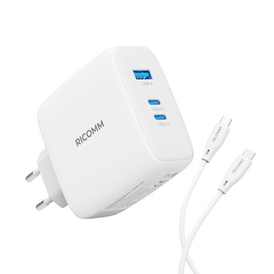Ricomm 100W GaN 3 Portlu USB-C + USB-A Şarj Aleti QC5.0 PD Type-C Hızlı Şarj Cihazı + 100W Şarj Kablosu
