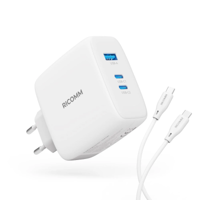 Ricomm 120W GaN 3 Portlu USB-C + USB-A QC3.0 PPS Hızlı Şarj Aleti + Type-C to Type-C 100W Şarj Kablosu