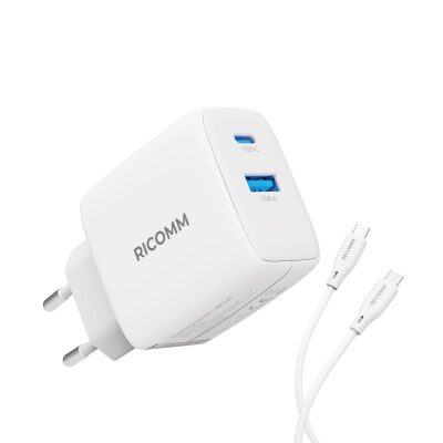 Ricomm 65W GaN USB-C + USB-A Şarj Aleti Apple & Samsung Hızlı Şarj Cihazı + 2MT 100W Type-C Kablo