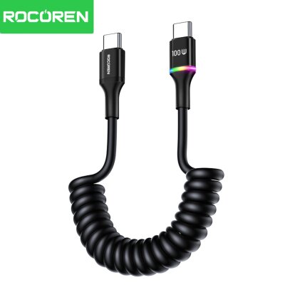 Rocoren 100W 5A E-Marker Çipli Spiral Type-C to Type-C Hızlı Şarj ve Data Kablosu 1.6 Metre