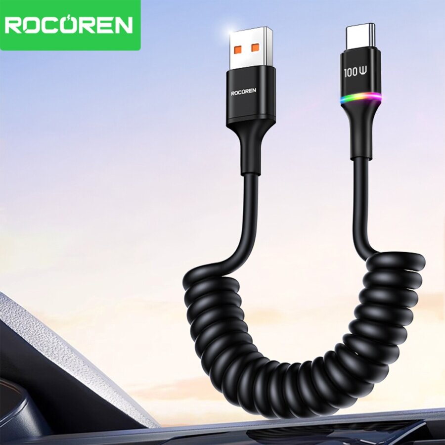 Rocoren 100W 7A Spiral RGB LED Işıklı Spiral Type-C Hızlı Şarj ve Data Kablosu 1.6 Metre - 8