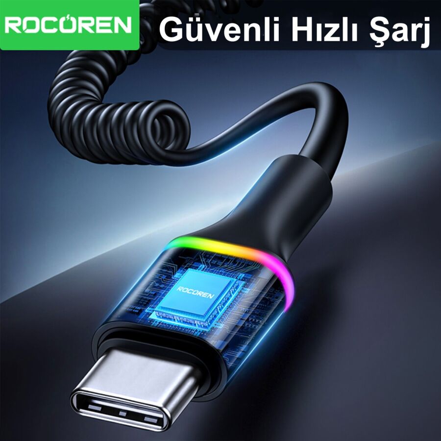 Rocoren 100W 7A Spiral RGB LED Işıklı Spiral Type-C Hızlı Şarj ve Data Kablosu 1.6 Metre - 6