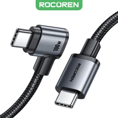 Rocoren 100W Type-C to Type-C 90° Örgülü PD Hızlı Şarj ve Data Kablosu 1 Metre 