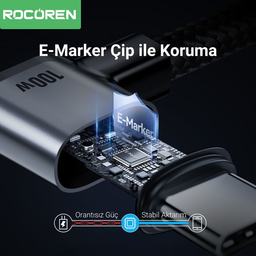 Rocoren 100W Type-C to Type-C 90° Örgülü PD Hızlı Şarj ve Data Kablosu 2 Metre - 5