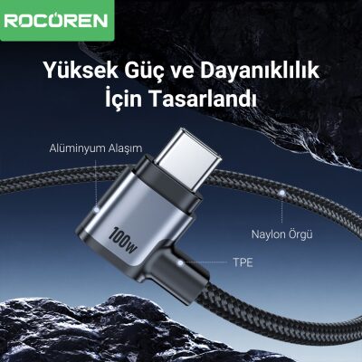 Rocoren 100W Type-C to Type-C 90° Örgülü PD Hızlı Şarj ve Data Kablosu 2 Metre - 6