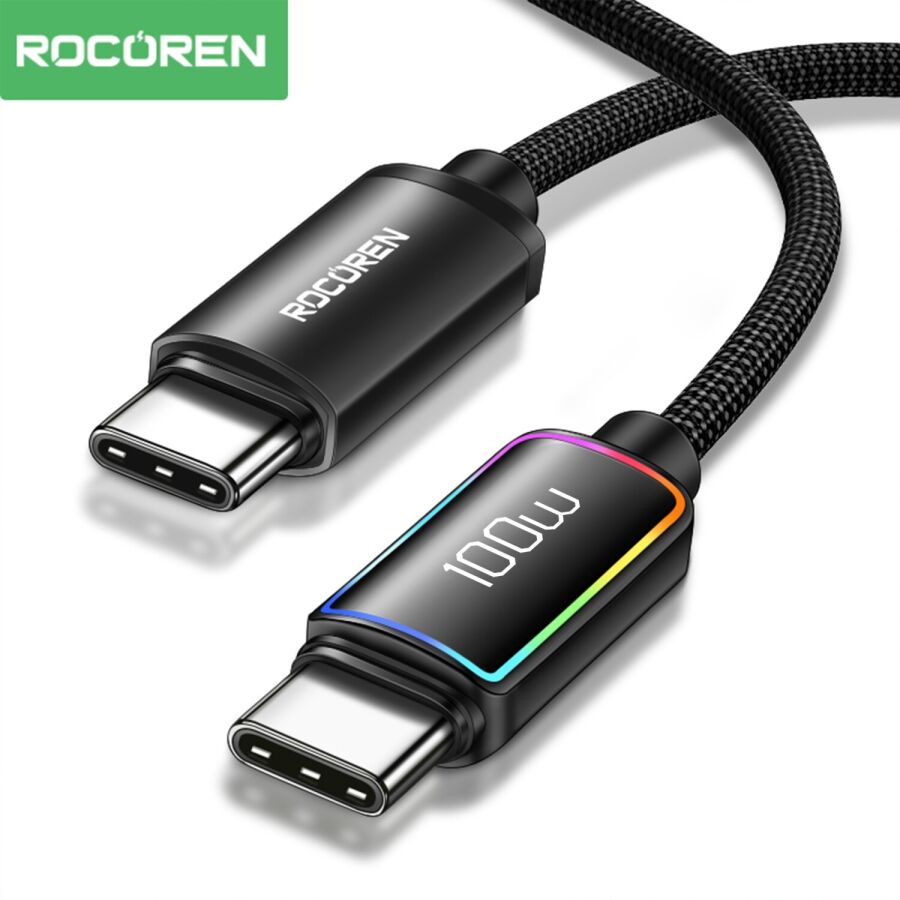Rocoren 100W Type-C to Type-C RGB Aydınlatmalı Örgülü Şarj ve Data Kablosu 2 Metre - 1