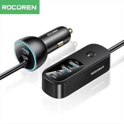 Rocoren 105W 6 Portlu Uzatma Kablolu 3*USB-A 3*Type-C Araç içi Hızlı Şarj Cihazı