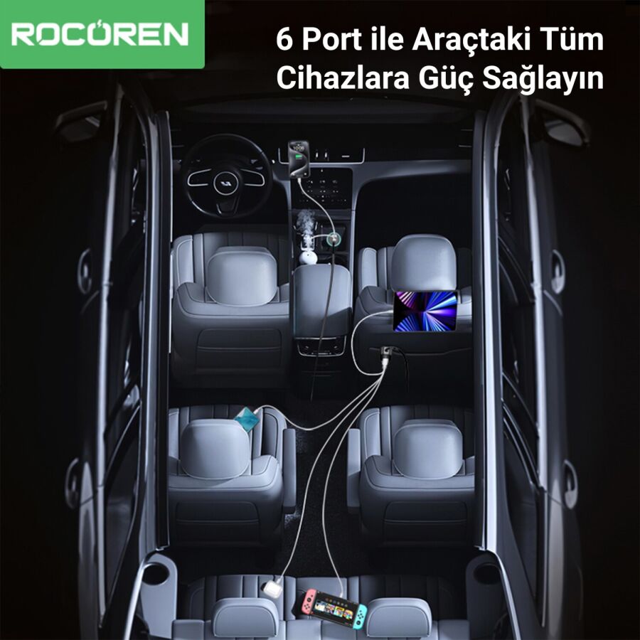 Rocoren 105W 6 Portlu Uzatma Kablolu 3*USB-A 3*Type-C Araç içi Hızlı Şarj Cihazı - 2