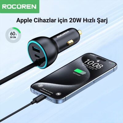 Rocoren 105W 6 Portlu Uzatma Kablolu 3*USB-A 3*Type-C Araç içi Hızlı Şarj Cihazı - 3