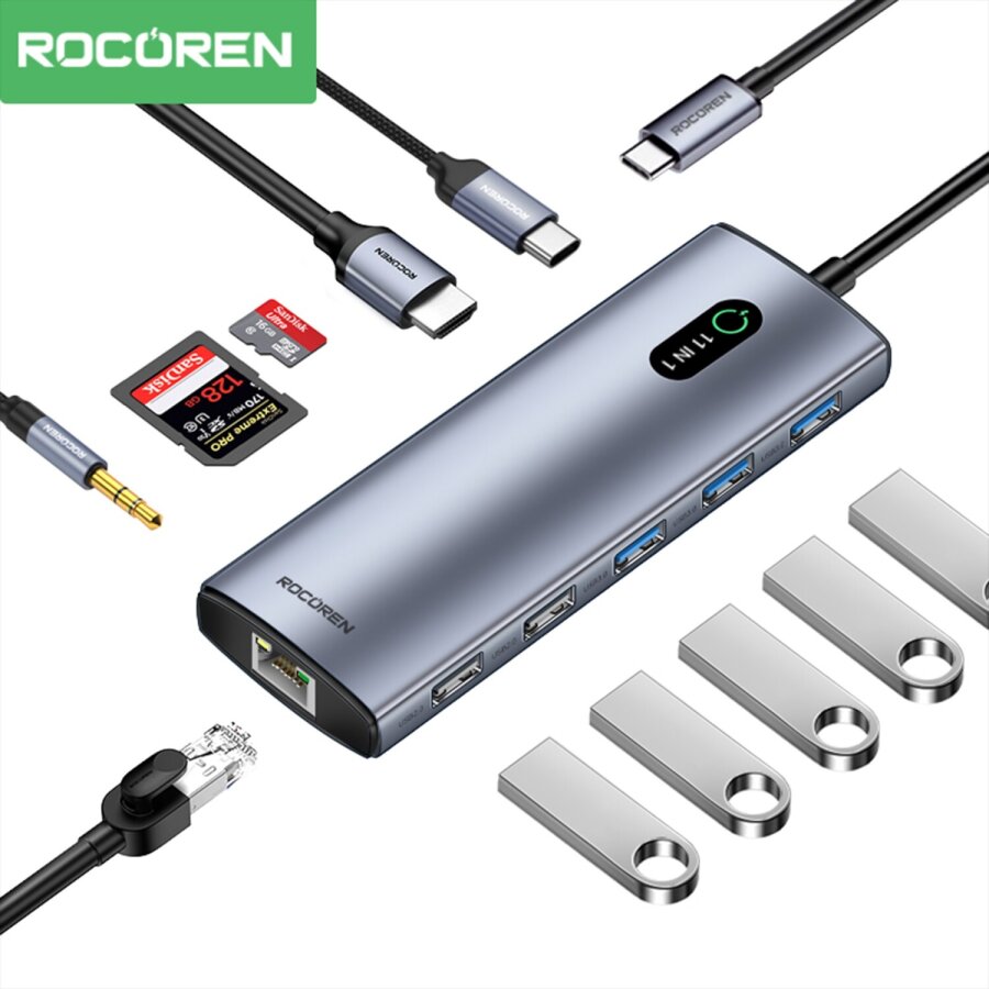 Rocoren 11 Portlu 4K 30Hz HDMI Gigabit Ethernet SD TF Kart Okuyuculu 3.5mm Jack USB Hub Çoklayıcı - 1