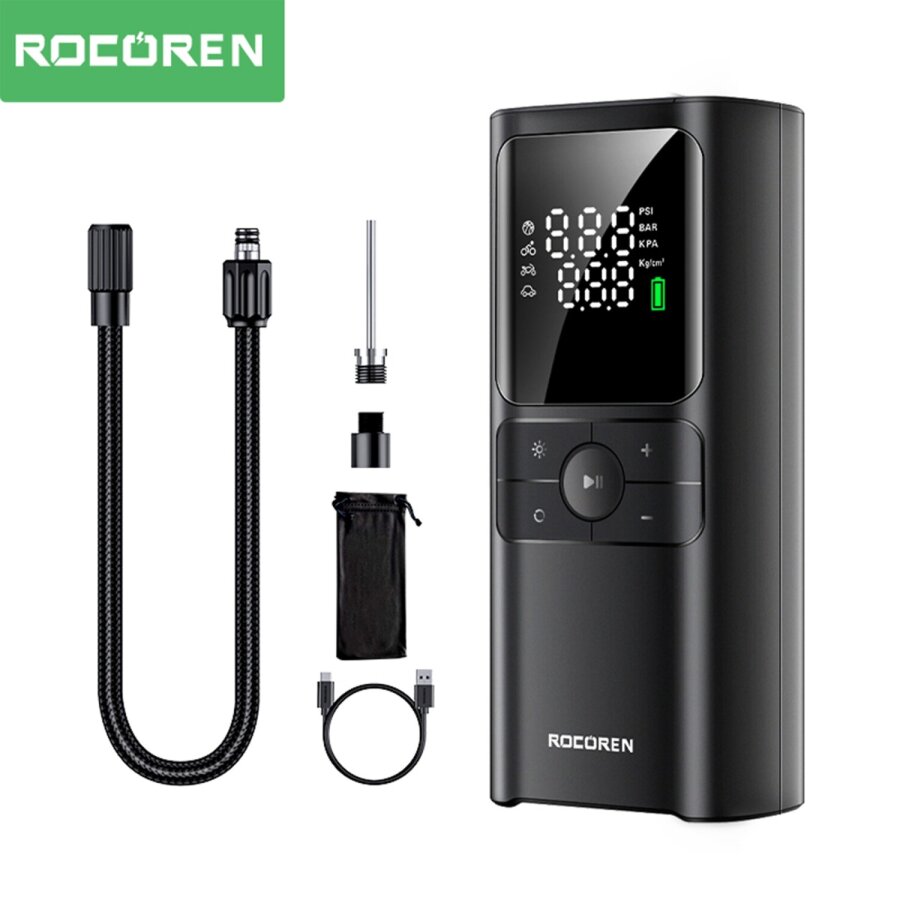 Rocoren 150 PSI Hava Pompası 4000 mAh Şarjlı Taşınabilir Araç Lastik Bisiklet Top Şişirme Powerbank LED Lamba LCD Ekran - 1