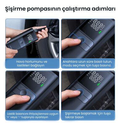 Rocoren 150 PSI Hava Pompası 4000 mAh Şarjlı Taşınabilir Araç Lastik Bisiklet Top Şişirme Powerbank LED Lamba LCD Ekran - 6