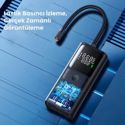 Rocoren 150 PSI Hava Pompası 4000 mAh Şarjlı Taşınabilir Araç Lastik Bisiklet Top Şişirme Powerbank LED Lamba LCD Ekran - 4