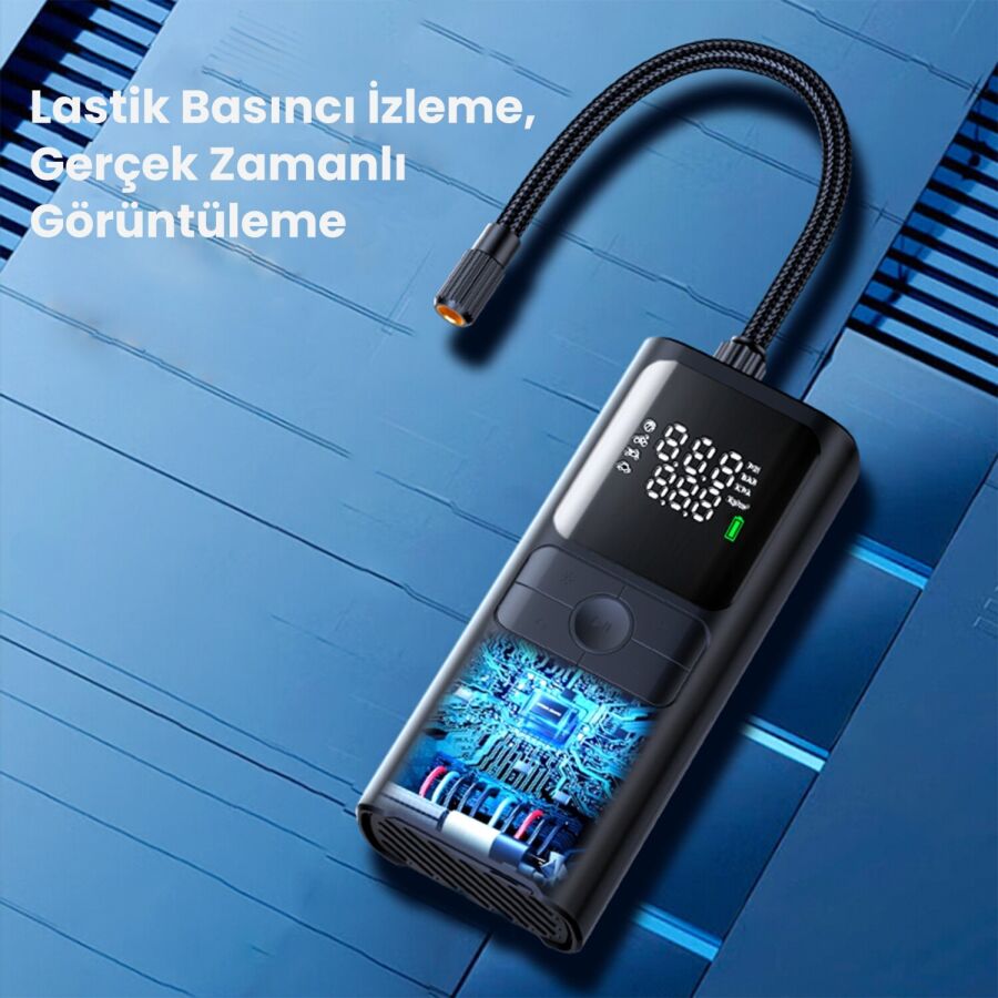 Rocoren 150 PSI Hava Pompası 4000 mAh Şarjlı Taşınabilir Araç Lastik Bisiklet Top Şişirme Powerbank LED Lamba LCD Ekran - 4
