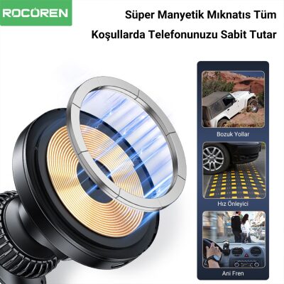 Rocoren 15W Kablosuz Şarj Destekli Magsafe Uyumlu RGB Işıklı Araç içi Telefon Tutucu - 3