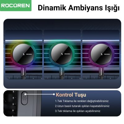 Rocoren 15W Kablosuz Şarj Destekli Magsafe Uyumlu RGB Işıklı Araç içi Telefon Tutucu - 5