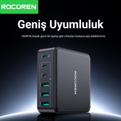 Rocoren 160W 3*Type-C ve 3*USB-A 6 Portlu Şarj Cihazı Laptop Uyumlu GaN Masaüstü Şarj İstasyonu - 5