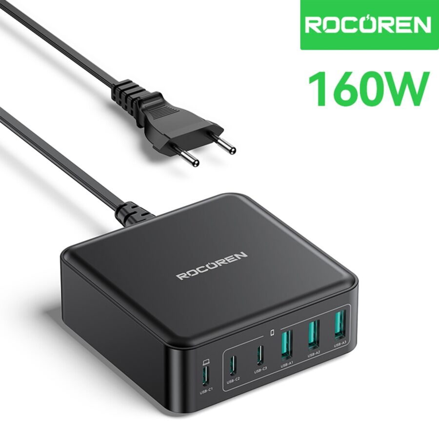 Rocoren 160W 3*Type-C ve 3*USB-A 6 Portlu Şarj Cihazı Laptop Uyumlu GaN Masaüstü Şarj İstasyonu - 1