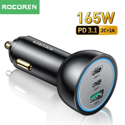 Rocoren 165W 3 Portlu PD3.1 2*Type-C ve USB-A Araç içi Hızlı Şarj Cihazı + 1 Metre 240W Kablo - 1