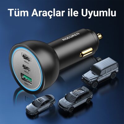 Rocoren 165W 3 Portlu PD3.1 2*Type-C ve USB-A Araç içi Hızlı Şarj Cihazı + 1 Metre 240W Kablo - 4