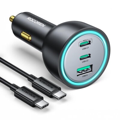 Rocoren 165W 3 Portlu PD3.1 2*Type-C ve USB-A Araç içi Hızlı Şarj Cihazı + 1 Metre 240W Kablo