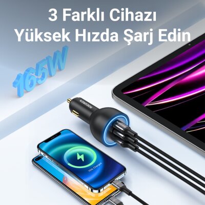 Rocoren 165W 3 Portlu PD3.1 2*Type-C ve USB-A Araç içi Hızlı Şarj Cihazı + 1 Metre 240W Kablo - 2