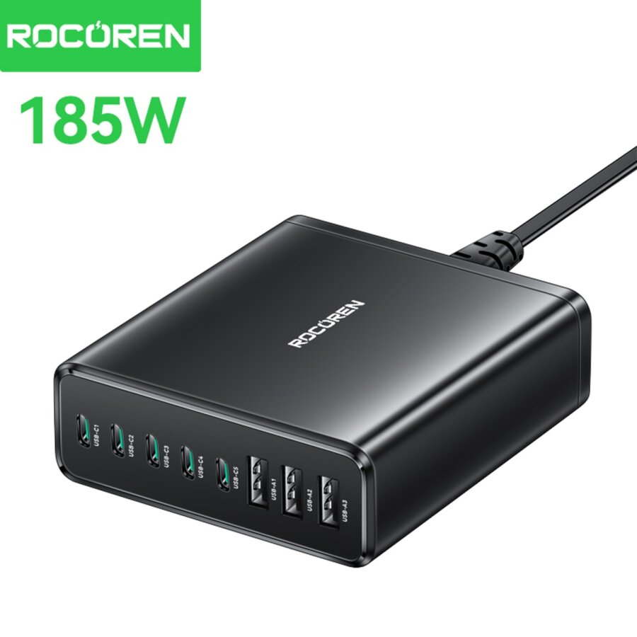 Rocoren 185W 8 Portlu GaN Şarj Cihazı 5*Type-C 3*USB-A Notebook iPhone Samsung Uyumlu Şarj İstasyonu - 1
