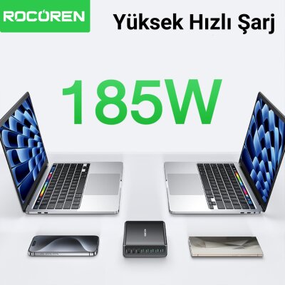 Rocoren 185W 8 Portlu GaN Şarj Cihazı 5*Type-C 3*USB-A Notebook iPhone Samsung Uyumlu Şarj İstasyonu - 3