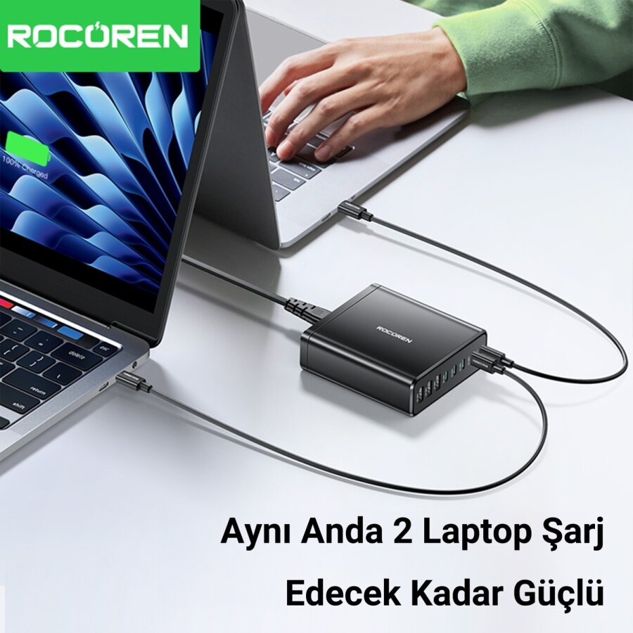 Rocoren 185W 8 Portlu GaN Şarj Cihazı 5*Type-C 3*USB-A Notebook iPhone Samsung Uyumlu Şarj İstasyonu - 4