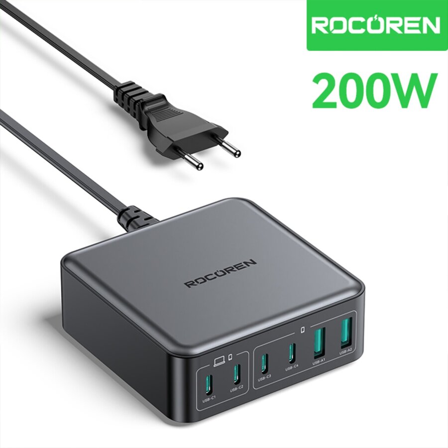 Rocoren 200W Gan 6 Portlu Şarj Cihazı 4*Type-C 2*USB-A Macbook iPhone Samsung Uyumlu Şarj İstasyonu - 1