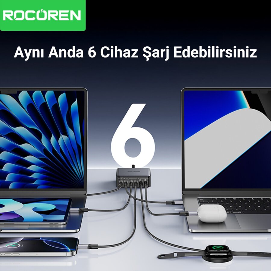 Rocoren 200W Gan 6 Portlu Şarj Cihazı 4*Type-C 2*USB-A Macbook iPhone Samsung Uyumlu Şarj İstasyonu - 5