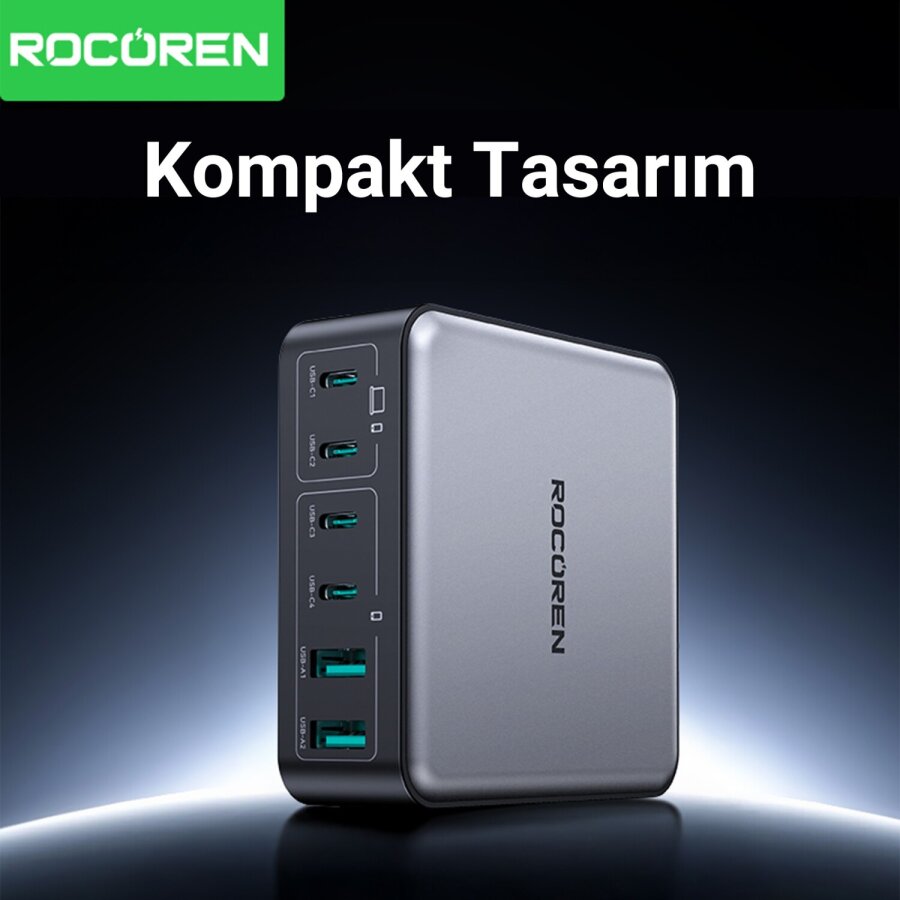 Rocoren 200W Gan 6 Portlu Şarj Cihazı 4*Type-C 2*USB-A Macbook iPhone Samsung Uyumlu Şarj İstasyonu - 7