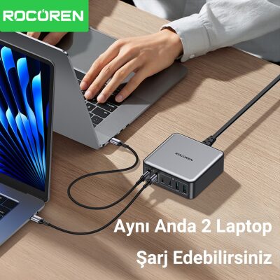 Rocoren 200W Gan 6 Portlu Şarj Cihazı 4*Type-C 2*USB-A Macbook iPhone Samsung Uyumlu Şarj İstasyonu - 4