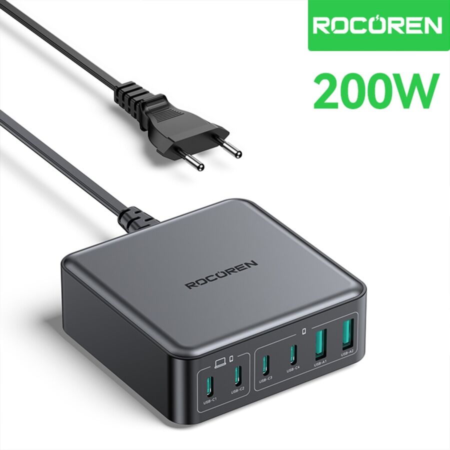 Rocoren 200W Gan 6 Portlu Şarj Cihazı 4*Type-C 2*USB-A Macbook iPhone Samsung Uyumlu Şarj İstasyonu - 1