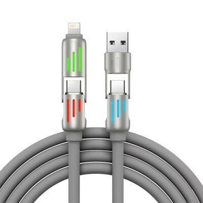 Rocoren 240W 4'ü 1 Arada Type-C / USB-A / Lightning Gri Silikon Şarj ve Data Kablosu 1.2 Metre