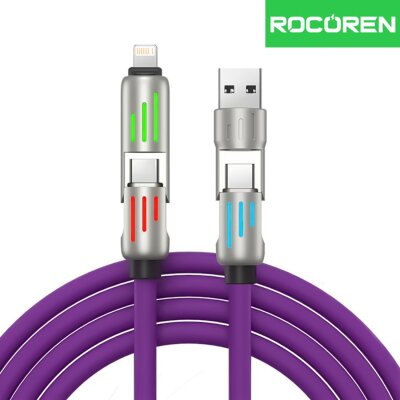 Rocoren 240W 4'ü 1 Arada Type-C / USB-A / Lightning Mor Silikon Şarj ve Data Kablosu 1.2 Metre - 1