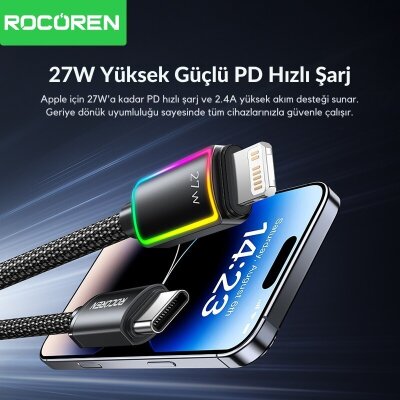 Rocoren 27W Type-C to Lightning RGB Aydınlatmalı Örgülü Şarj ve Data Kablosu 1 Metre - 2