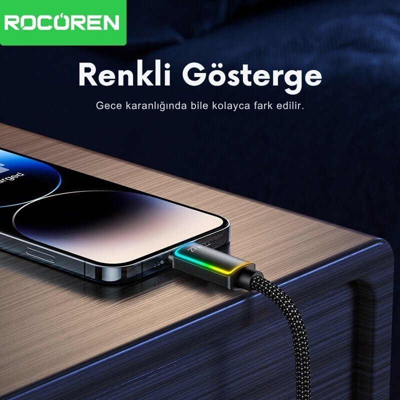 Rocoren 27W Type-C to Lightning RGB Aydınlatmalı Örgülü Şarj ve Data Kablosu 1 Metre - 4
