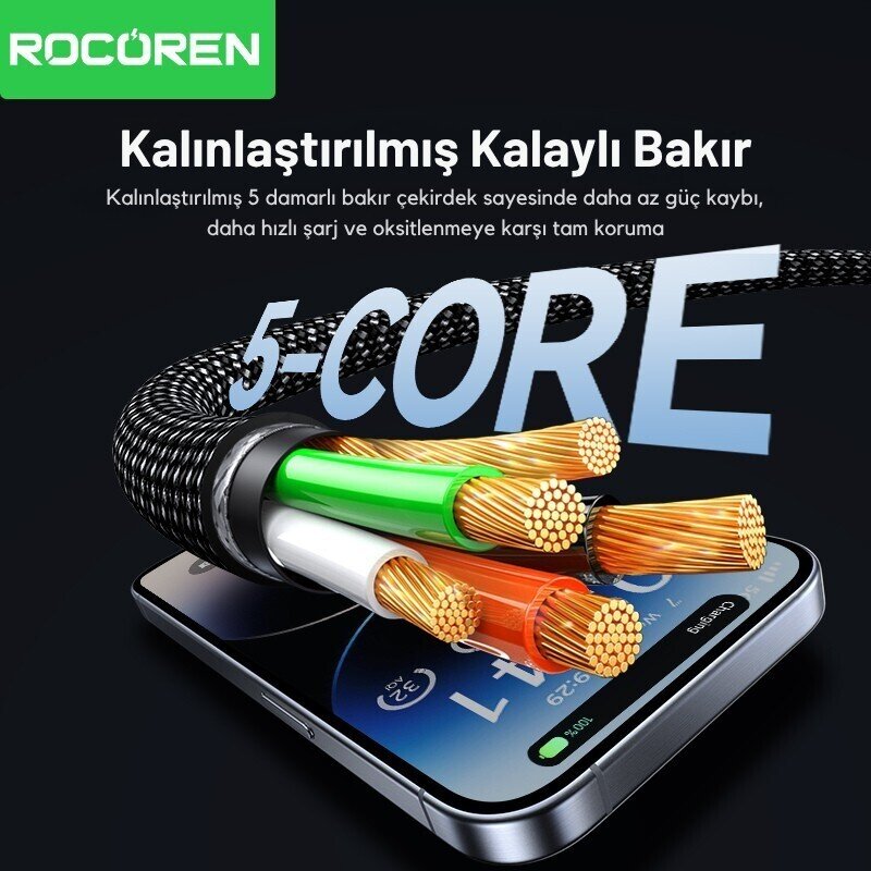 Rocoren 27W Type-C to Lightning RGB Aydınlatmalı Örgülü Şarj ve Data Kablosu 1 Metre - 5