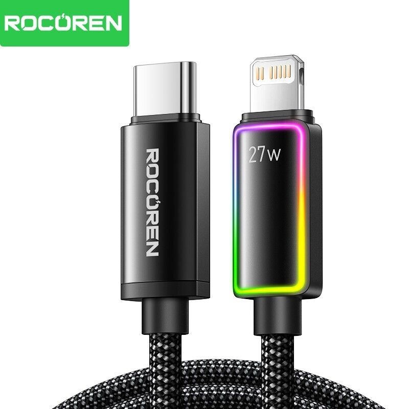 Rocoren 27W Type-C to Lightning RGB Aydınlatmalı Örgülü Şarj ve Data Kablosu 2 Metre - 1
