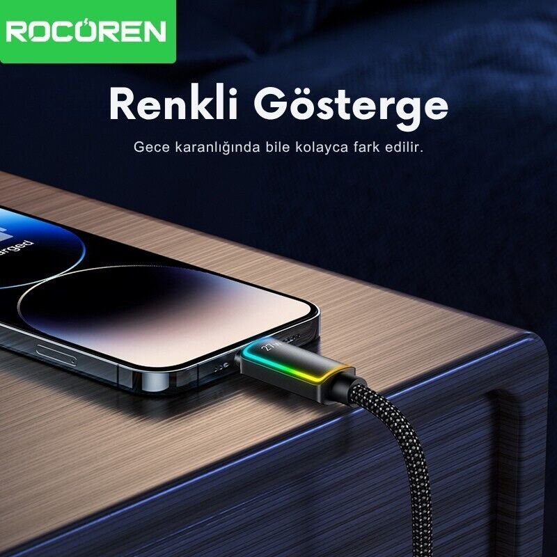 Rocoren 27W Type-C to Lightning RGB Aydınlatmalı Örgülü Şarj ve Data Kablosu 2 Metre - 4